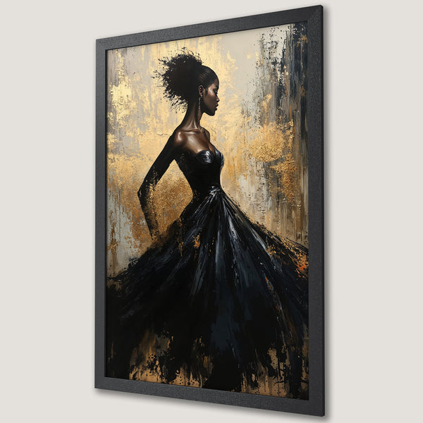 Framed Poster featuring an elegant woman in a black dress, with a gold and black abstract background. Perfect wall art for a touch of luxury.