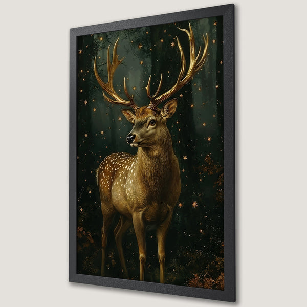 Framed Poster featuring a majestic deer with gold accents against a dark, dreamy backdrop. Elegant art print with a warm, earthy color palette.
