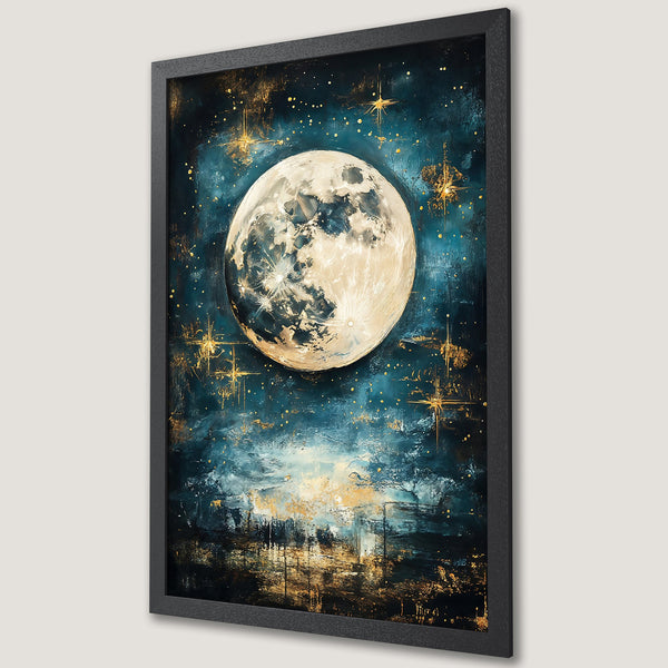 Framed Poster featuring a stunning moonlit night sky. Artistic style with a teal, gold, and white color palette. Add celestial vibes to your space!