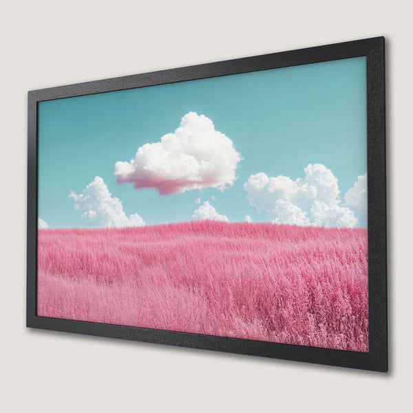 Framed Poster featuring a pink field and fluffy clouds against a blue sky. Dreamy landscape art print.