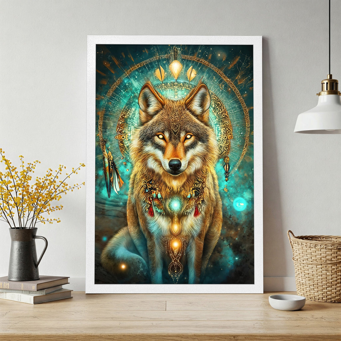 Framed Poster of a mystical wolf art print in teal and gold, perfect for spiritual decor.