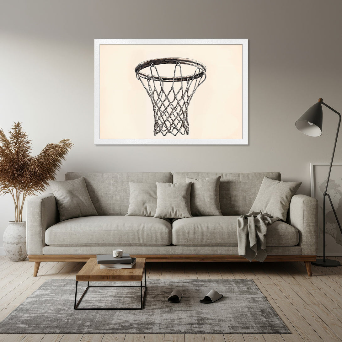Framed Poster of a basketball hoop in a neutral color palette. Stylish, modern art for your home.