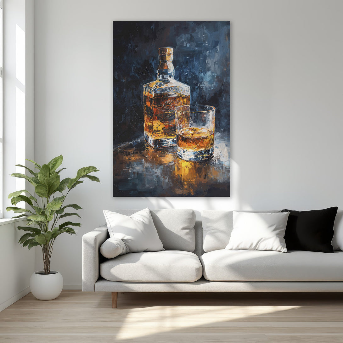 Framed Wall Art: Whiskey bottle and glass painting, impressionist style, warm amber and deep blue tones. Perfect for home bar decor.
