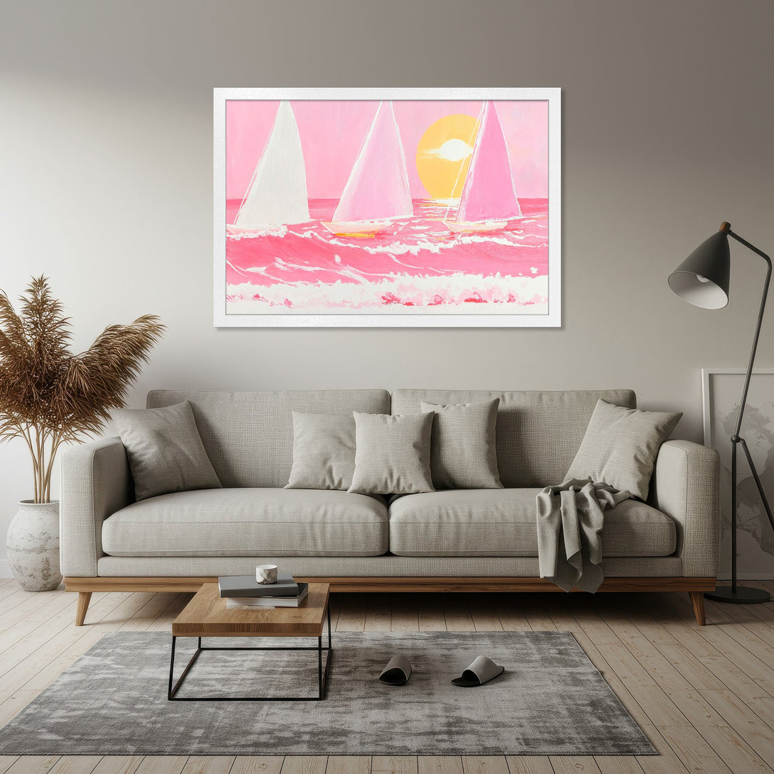 Framed Poster featuring sailboats in a pink and yellow watercolor style, perfect for adding a pop of color to your home decor.