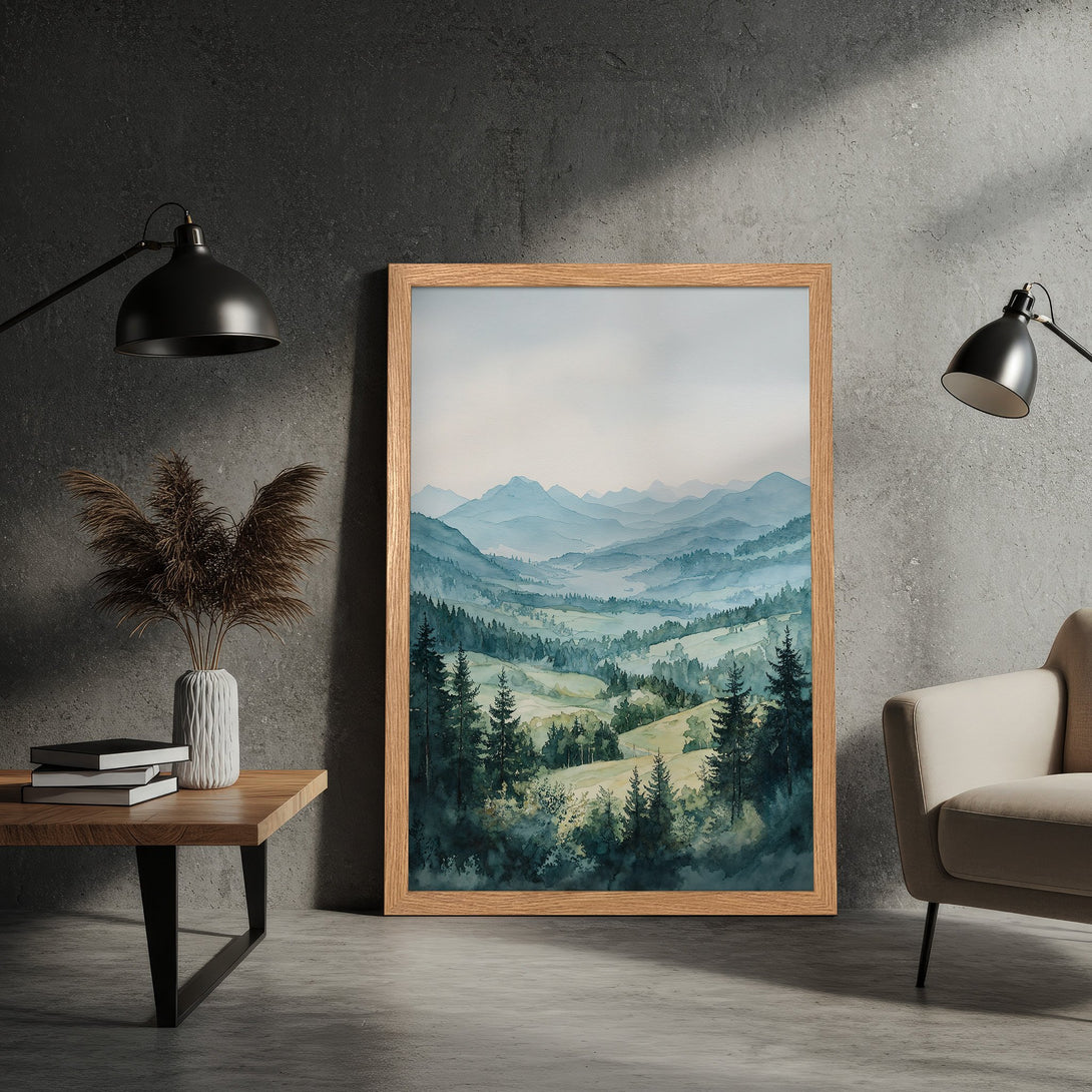 Framed Poster of a serene mountain landscape in watercolor style, featuring a calming blue and green color palette. Perfect wall art!
