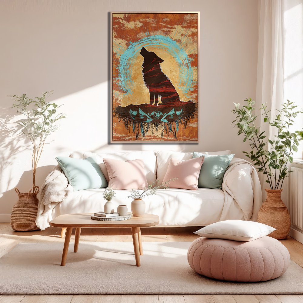 Framed Wall Art: Silhouette wolf howling against a sunset backdrop. Rustic style, warm orange, red & teal color palette. Perfect home decor.