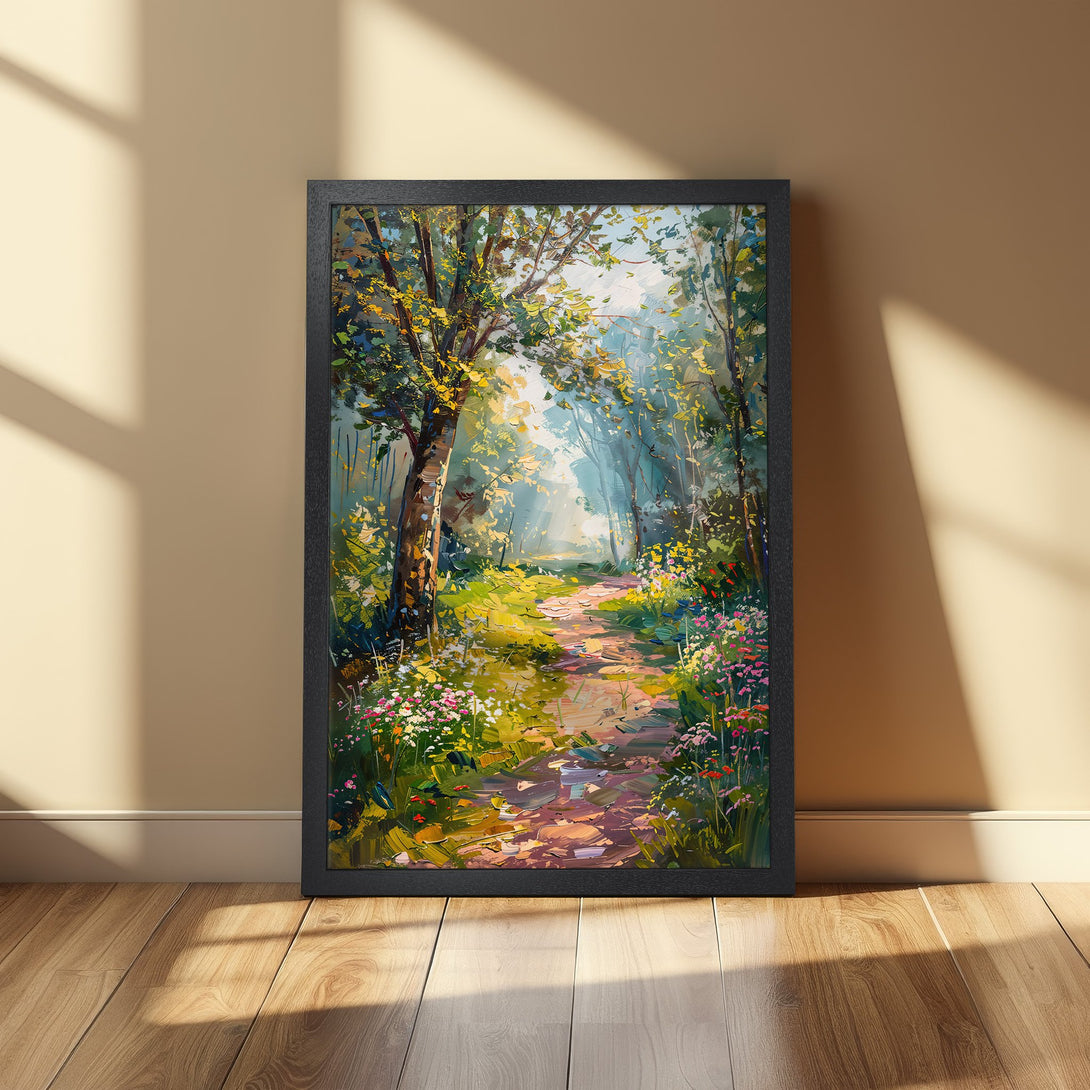 Framed Poster of a vibrant forest path painting. Impressionistic style with a warm, natural color palette. Perfect wall art for any room.