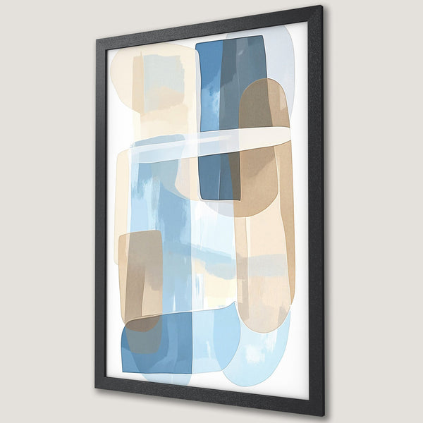 Framed Poster: Abstract art print with blue, beige, and brown color palette. Modern style adds a touch of elegance to any space.