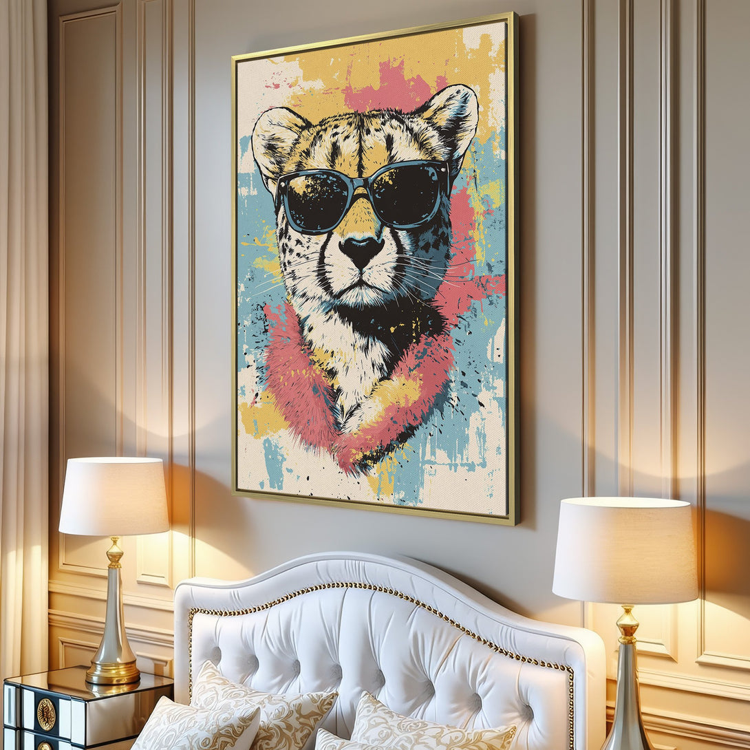 Canvas Print of a cool cheetah wearing sunglasses. Pop art style with a colorful, pastel palette. Perfect wall art for a modern home.