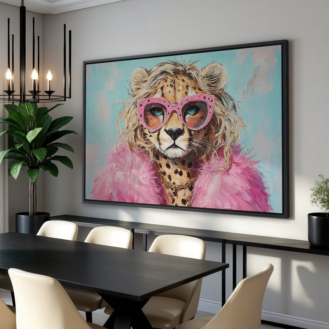 Framed Wall Art: Stylish cheetah portrait in pink and blue. Modern, vibrant canvas print perfect for adding personality to your home decor.