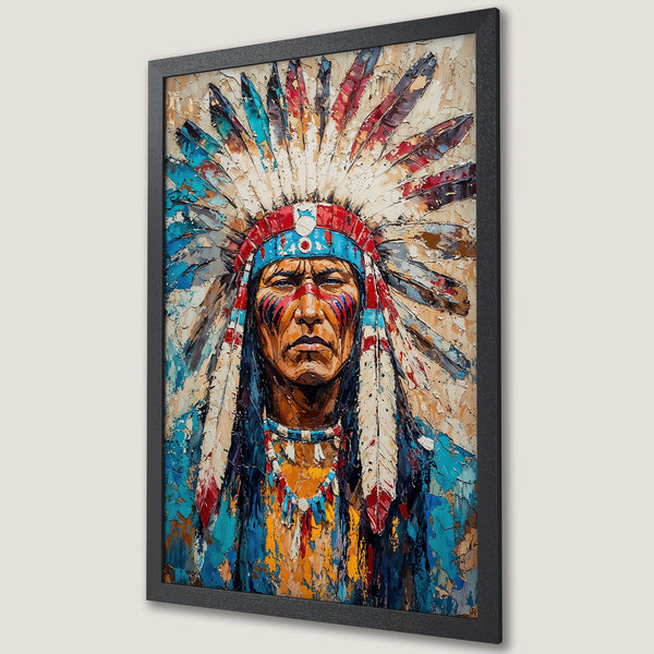 Framed Poster of Native American Chief. Impasto style art with vibrant blues, reds, and golds. Perfect wall decor for your home!