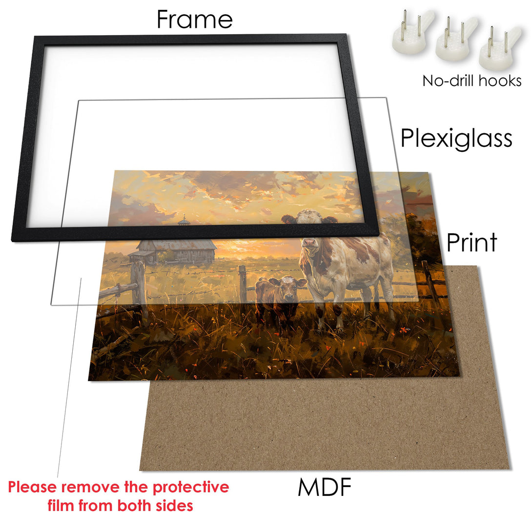 Framed Poster featuring cows in a warm, sunset-toned landscape. Rustic art style with a brown and orange color palette.