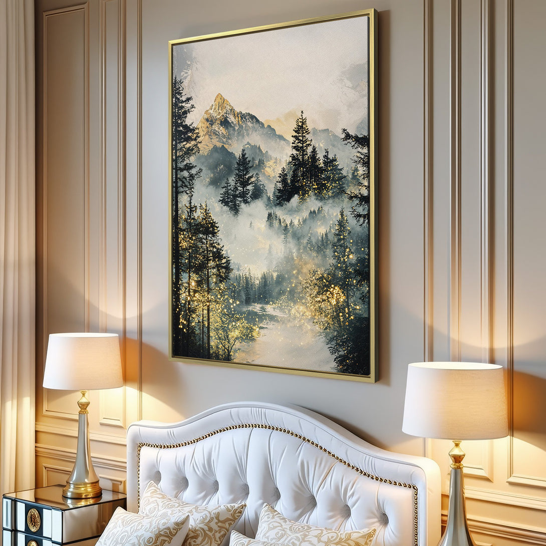 Canvas Print of a misty mountain forest scene in a neutral, gold, and green color palette. Perfect wall art for a modern living room.