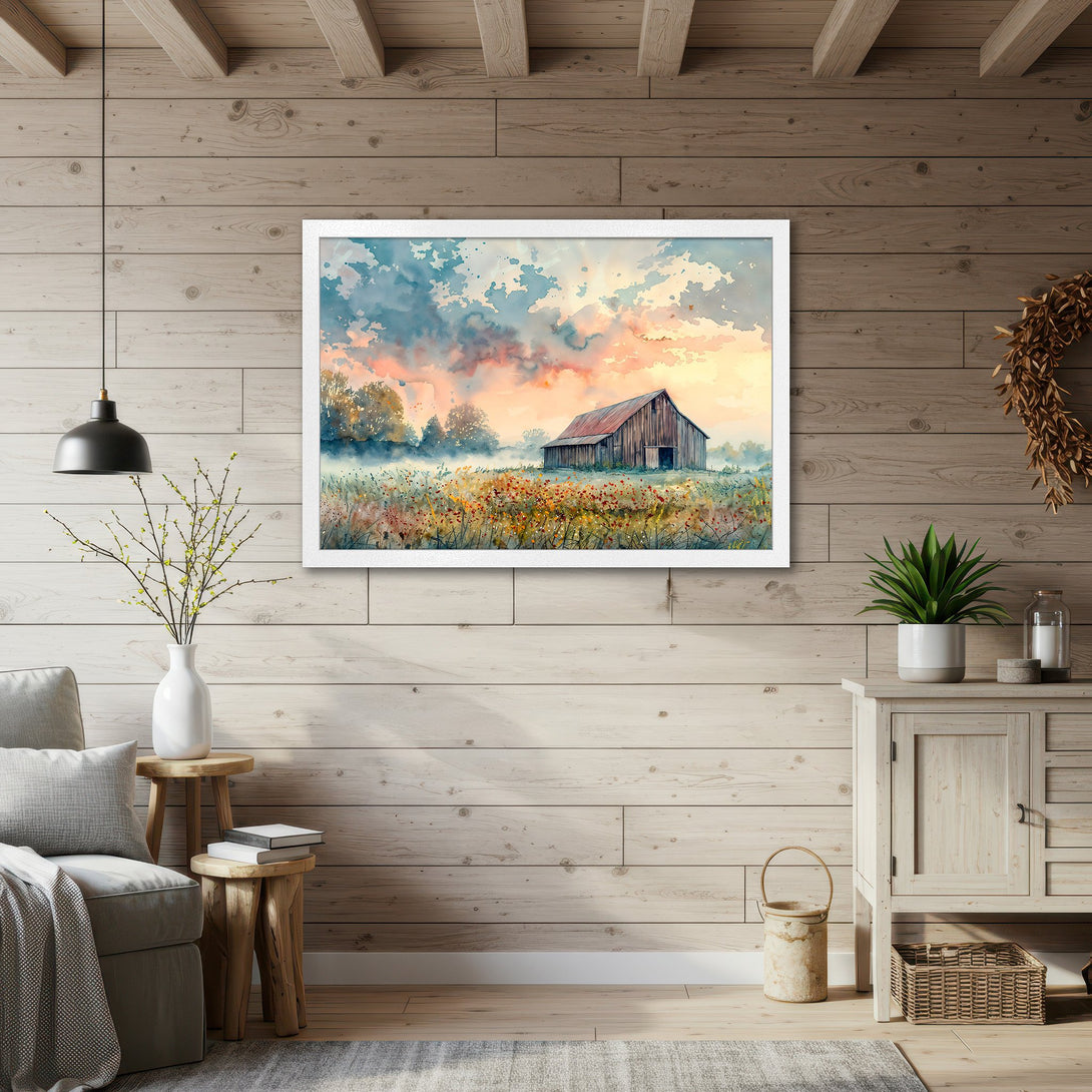 Framed Poster of a watercolor barn scene in a rustic style, featuring a warm sunset color palette. Perfect wall art!