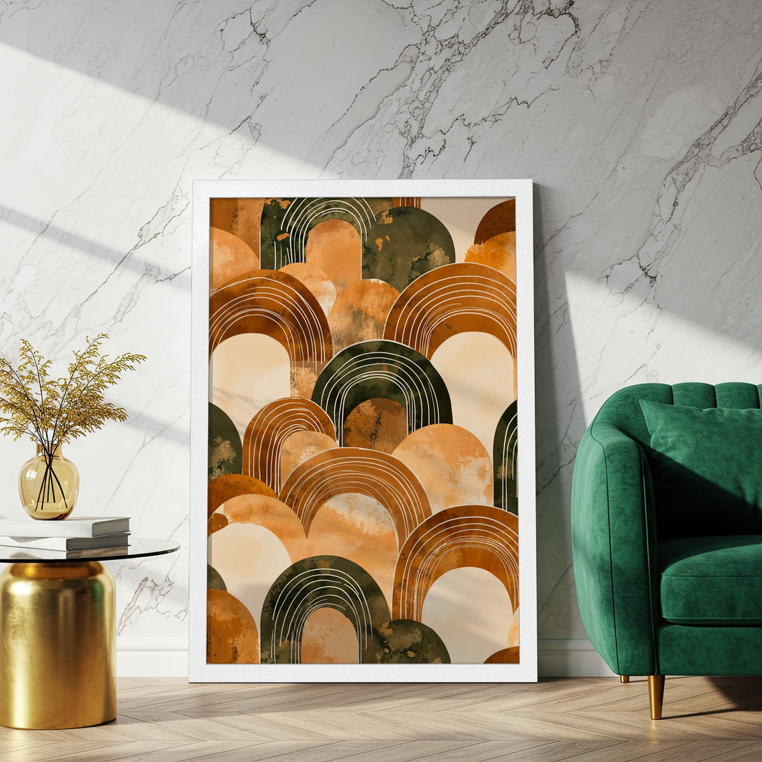 Framed Poster featuring abstract arch design in earthy tones. Perfect art for modern home decor.