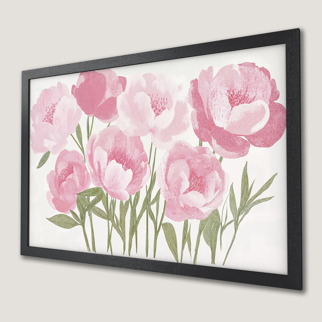 Framed Poster featuring watercolor peonies in pink hues, perfect floral wall art.