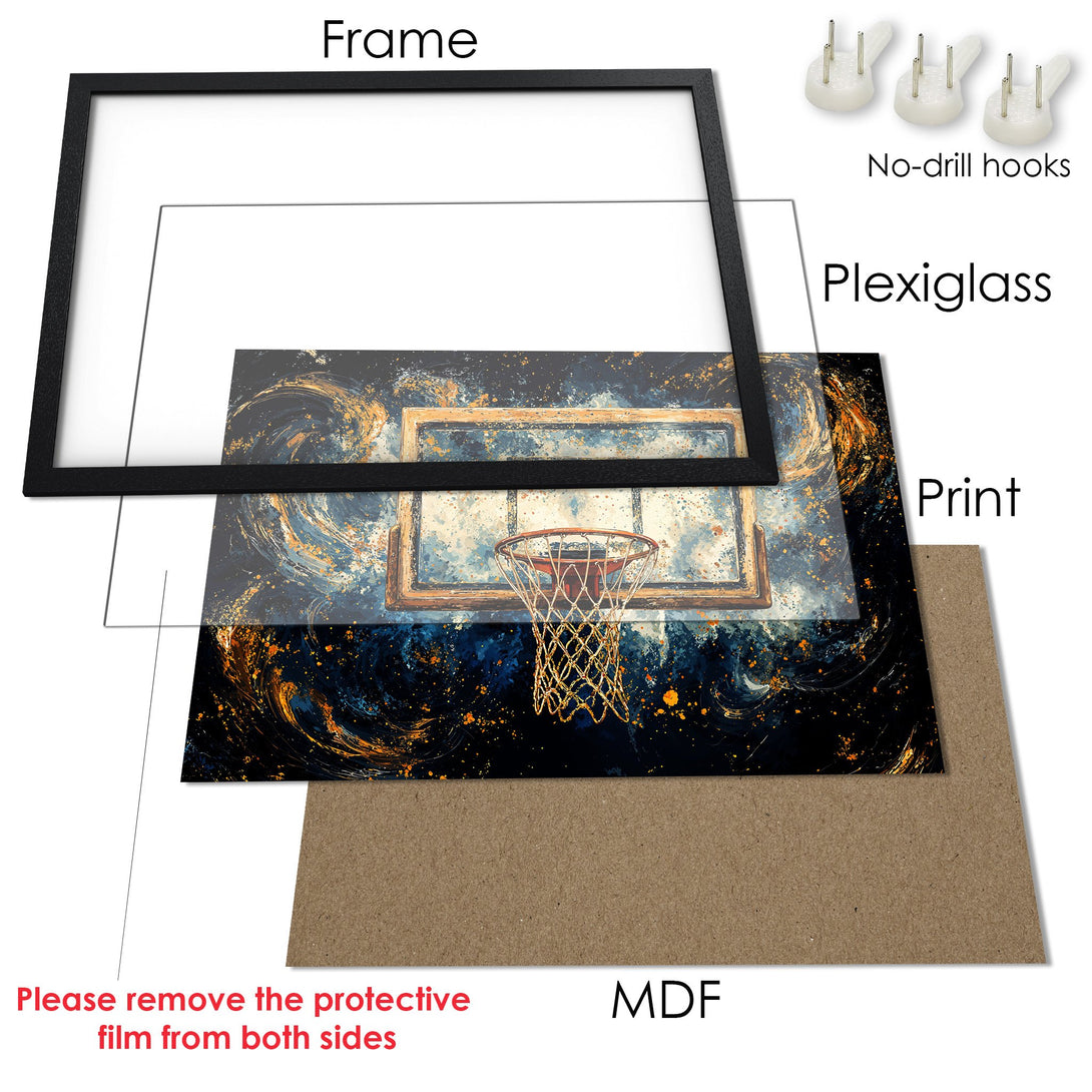 Framed Poster featuring a basketball hoop in an abstract style with blue and gold tones. Perfect wall art!