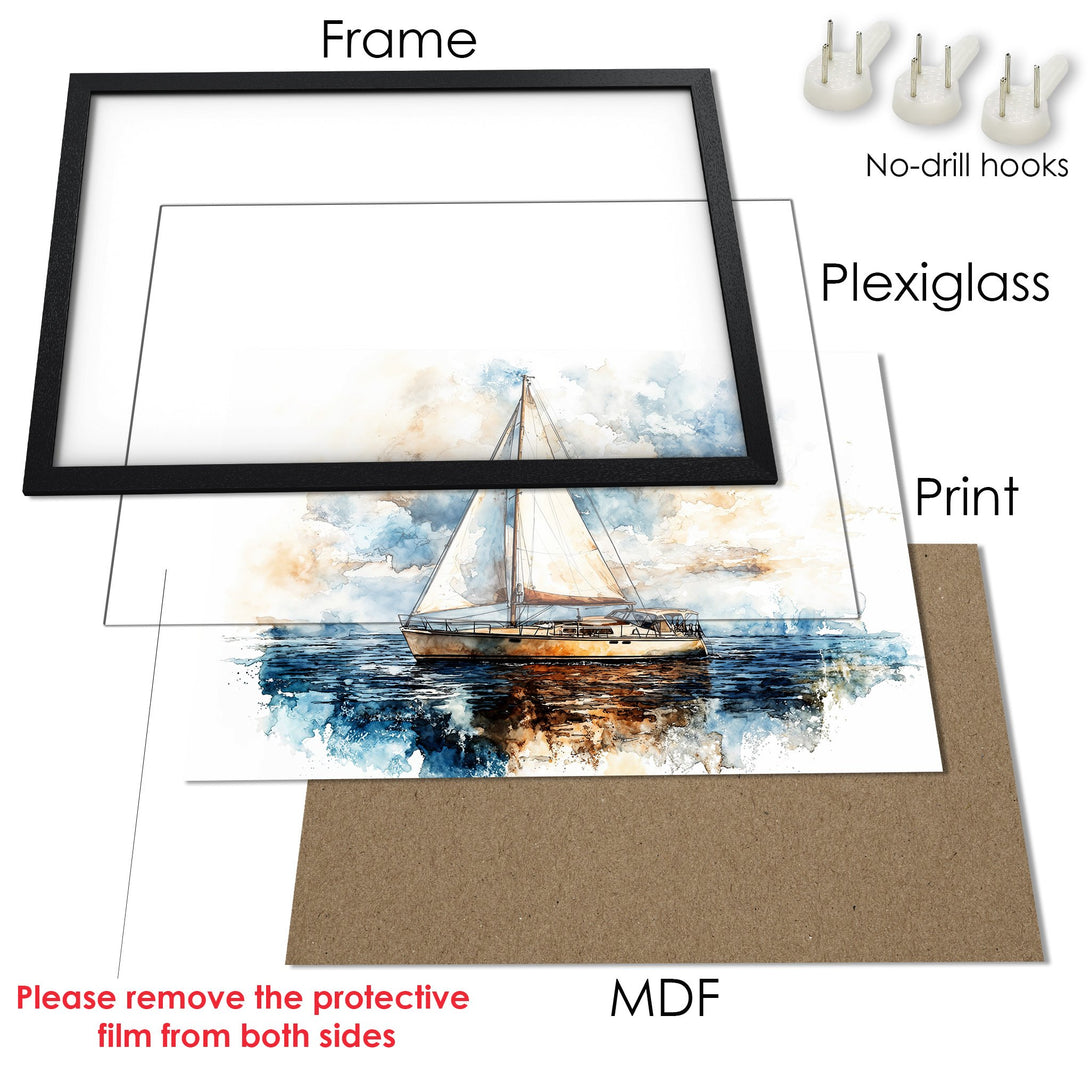 Framed Poster featuring a sailboat in watercolor style, with a blue, beige, and white color palette. Perfect wall art!