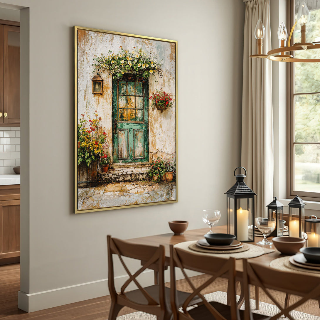 Canvas Print of a rustic door with flowers, warm color palette, perfect for adding a touch of vintage charm to your home decor.
