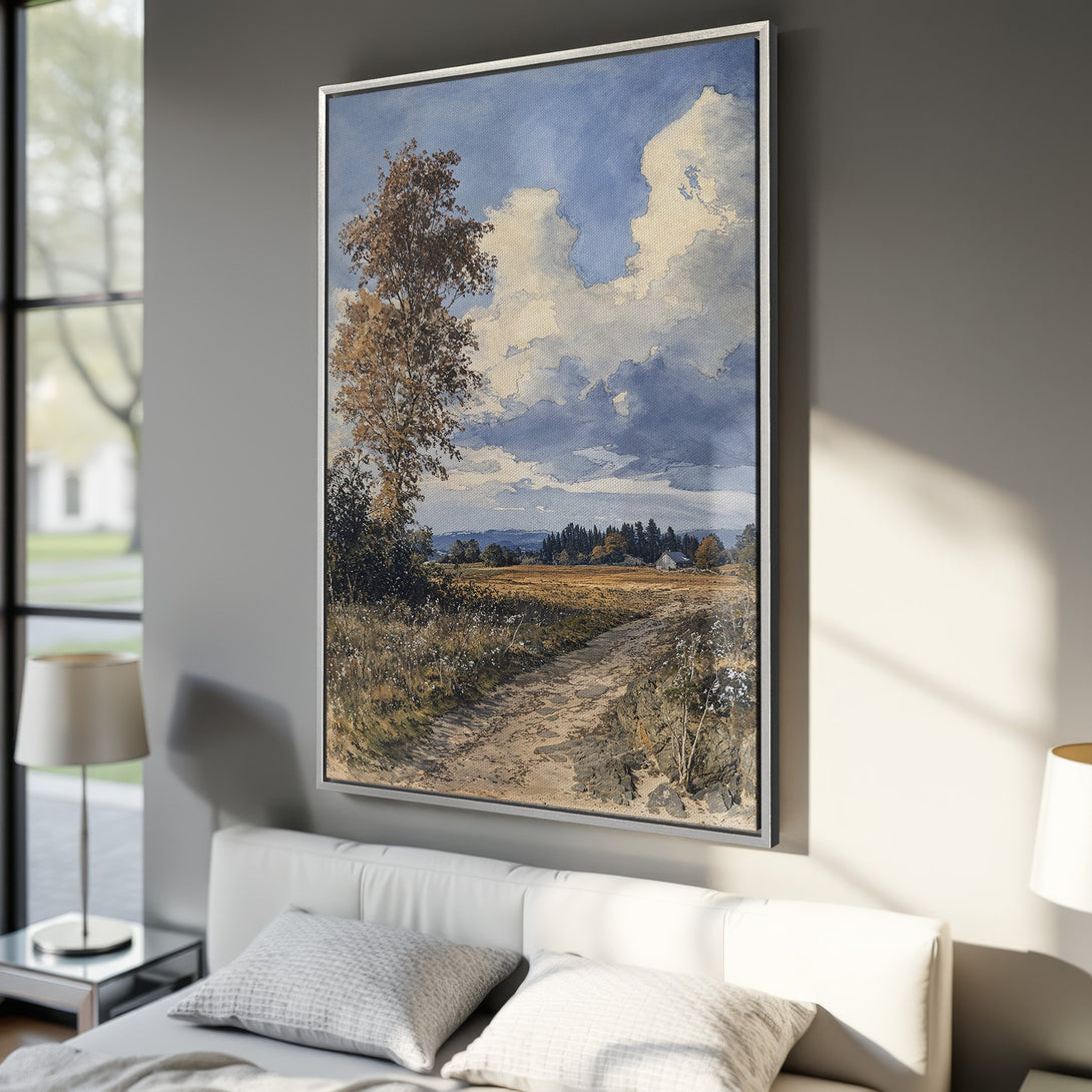 Framed Wall Art: Watercolor landscape Canvas Print with blue sky, clouds, and a path. Earthy tones and serene style for your home decor.