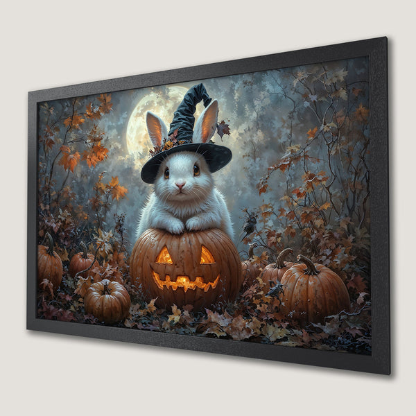 Framed Poster: Adorable Halloween bunny art with pumpkins, autumn leaves, and a full moon. Warm orange, brown, and blue color palette.