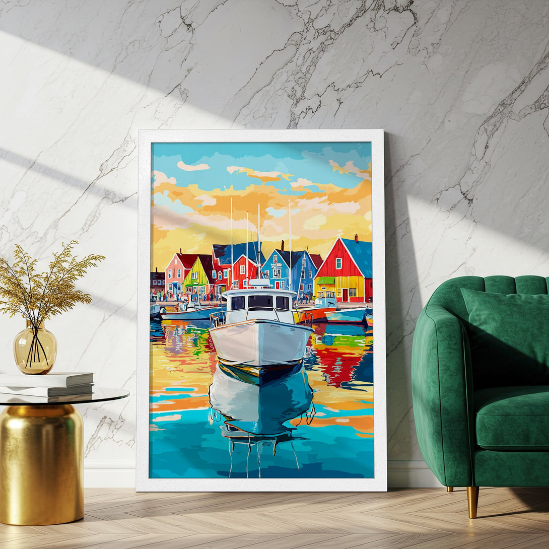 Framed Poster featuring a colorful boat scene. Vibrant, pop art style with a warm, inviting palette of blues, yellows, and reds. Perfect wall art!