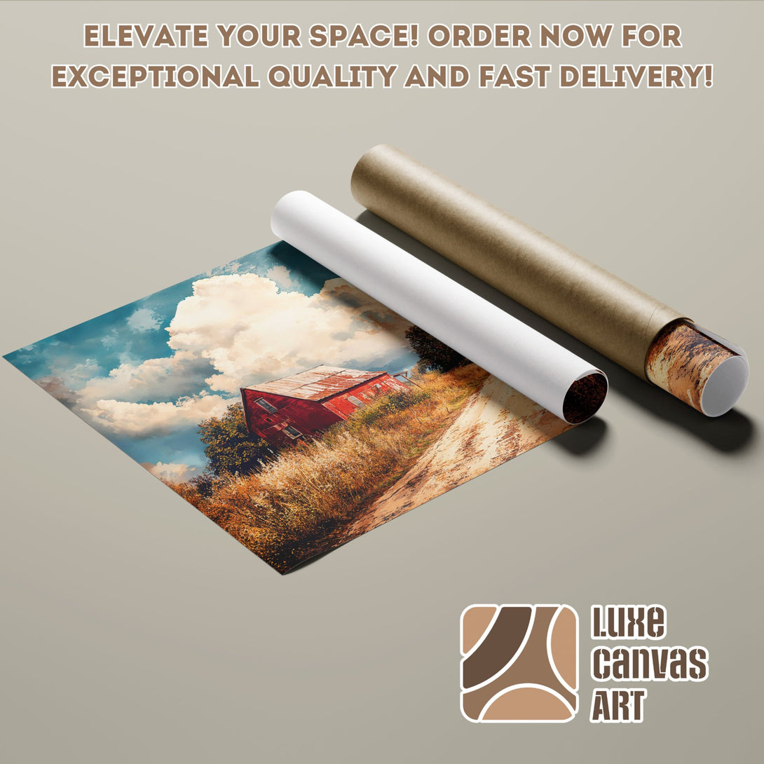 Poster Roll featuring a red barn landscape in warm, earthy tones. Elevate your space!