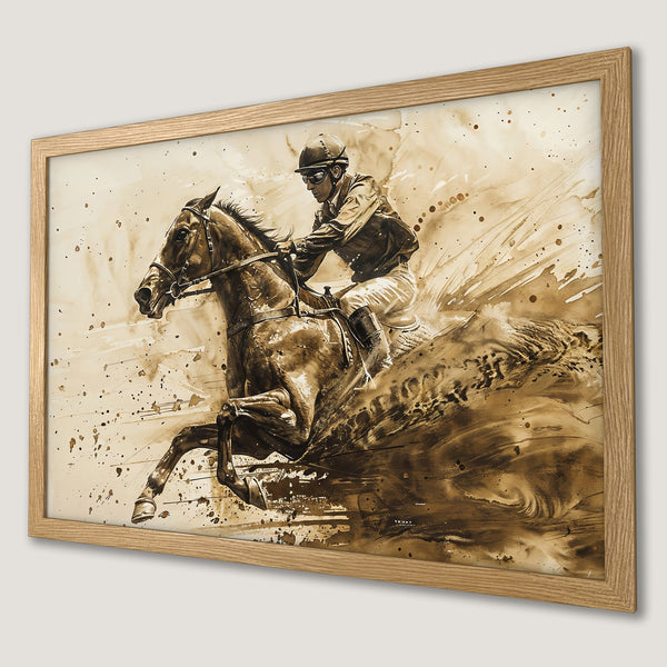 Framed Poster of a horse race in sepia tones. Artistic style, perfect for home decor. Add this stunning poster to your collection!