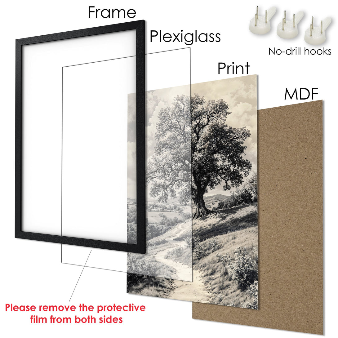 Framed Poster: Black and white landscape print with a sepia tone, perfect for home decor.