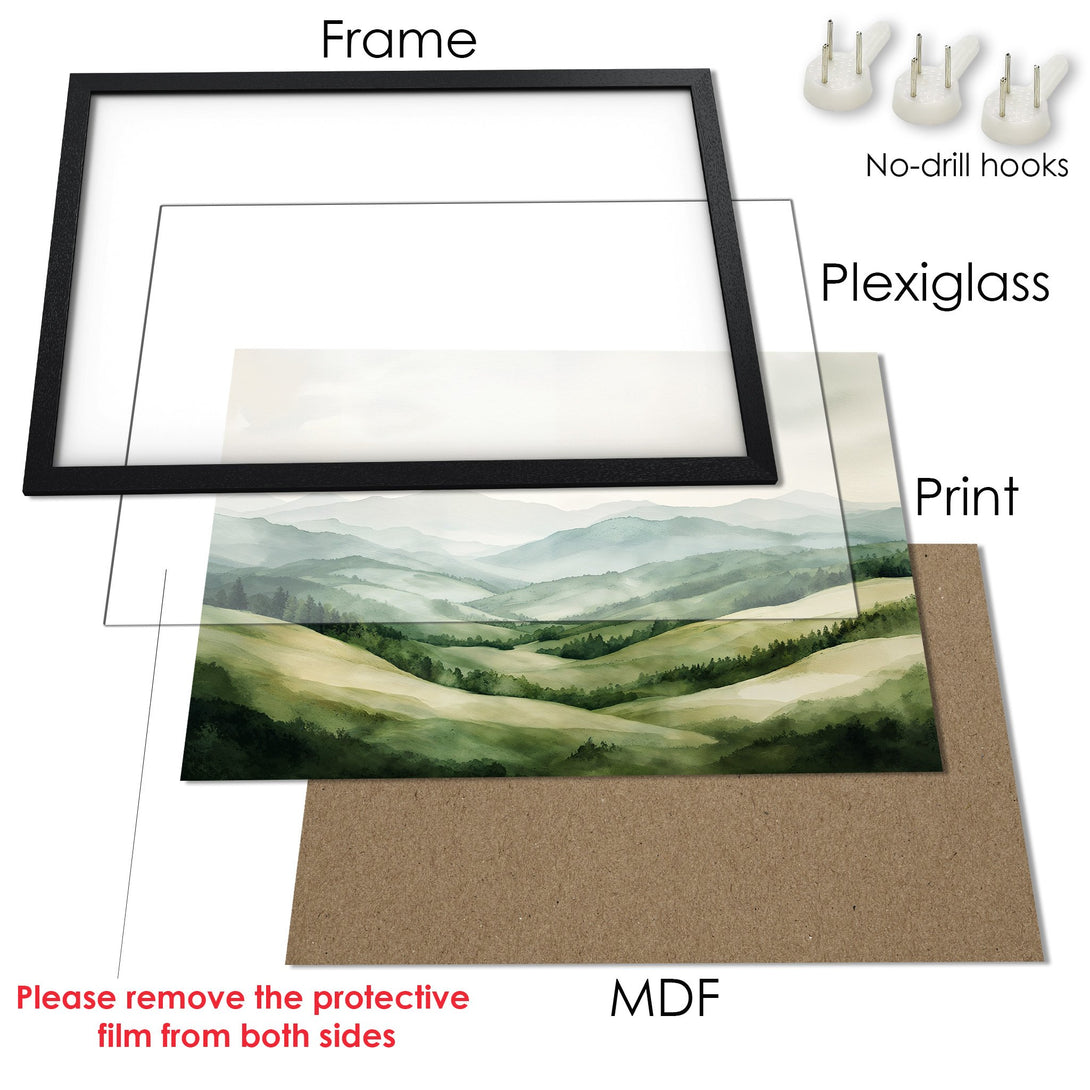 Framed Poster of a serene watercolor landscape in green and blue hues, perfect for adding a touch of nature to your home decor.