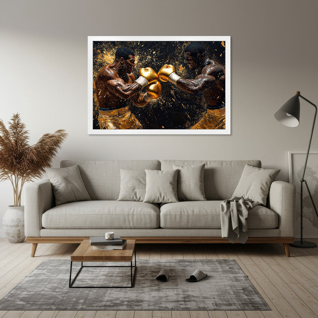 Framed Poster featuring a dynamic boxing match in a striking gold and black color palette, perfect wall art for any space.