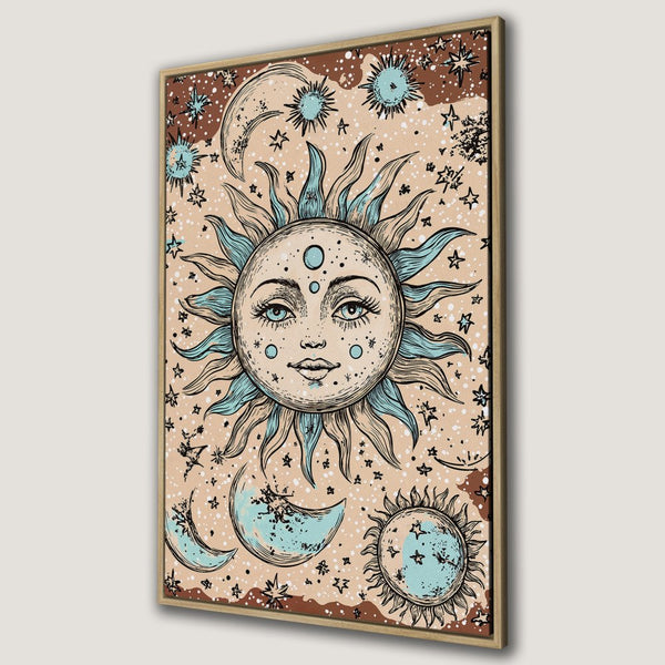 Framed Wall Art featuring a celestial sun and moon design in a vintage, boho style with a calming blue and beige color palette.