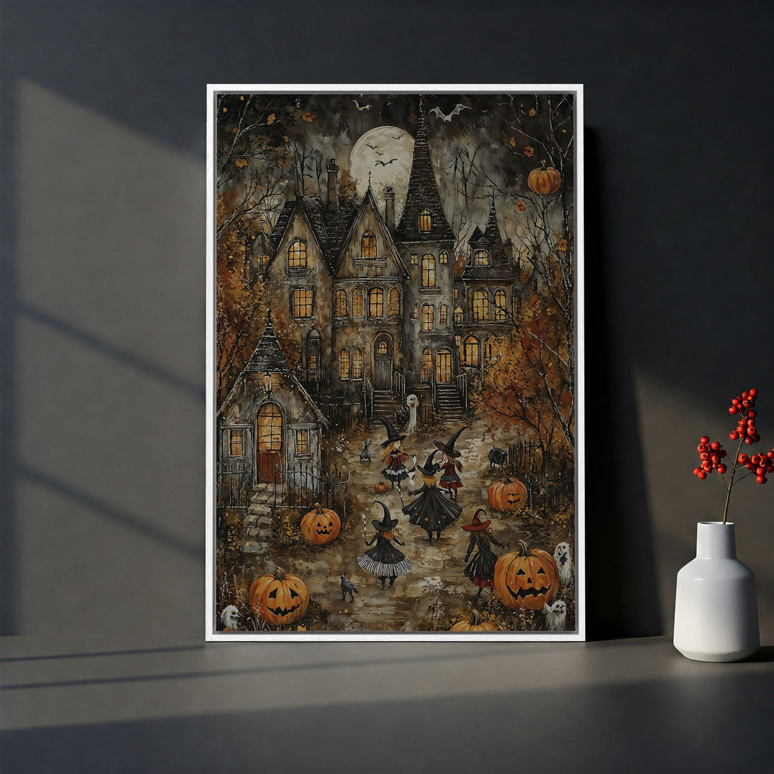 Framed Wall Art: Spooky Halloween scene with witches, pumpkins, and a haunted house. Warm autumnal color palette. Perfect for adding a touch of frightful fun!