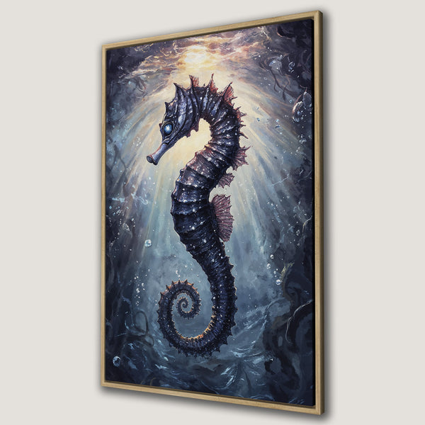 Framed Wall Art featuring a detailed seahorse in an underwater scene. Dark blue and teal color palette with artistic, painterly style. Perfect ocean decor.