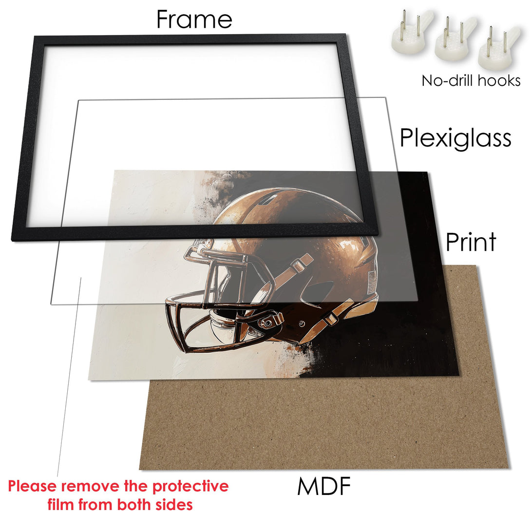 Framed Poster of a football helmet in abstract style with a neutral color palette. Ready to hang!