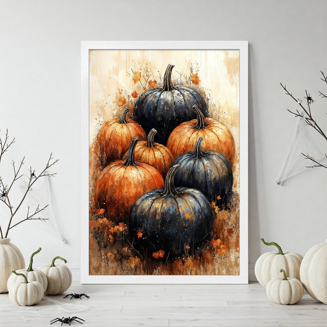 Framed Poster featuring watercolor pumpkins in orange and black, perfect for fall decor.