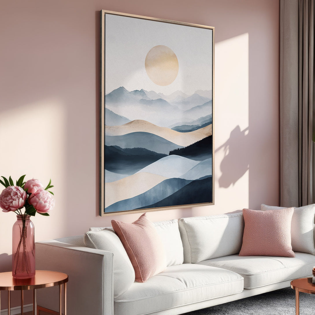 Framed Wall Art of a serene mountain landscape in muted blue and beige tones. Modern art canvas print adds a calming touch to any interior.