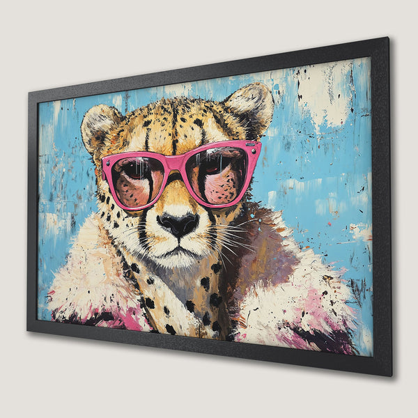 Framed Poster: Cool cheetah art with pink sunglasses, abstract style, blue & pink palette. Add a touch of wild!