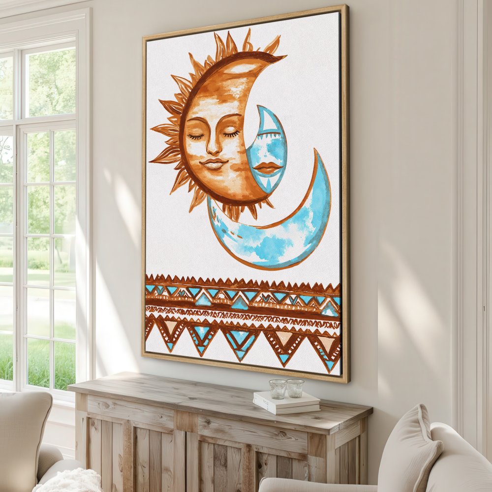Bohemian Canvas Print featuring a sun and moon design in warm orange and cool blue tones, perfect wall decor.