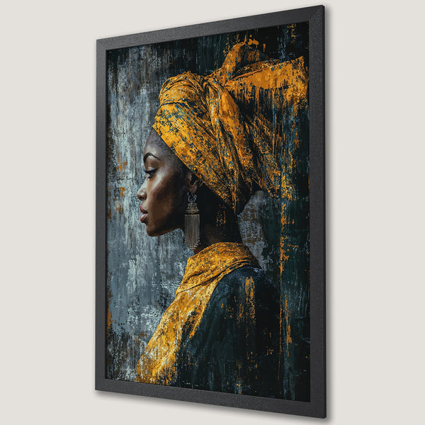 Framed Poster featuring an African woman in profile, vibrant gold and teal color palette, abstract art style. Perfect wall decor.