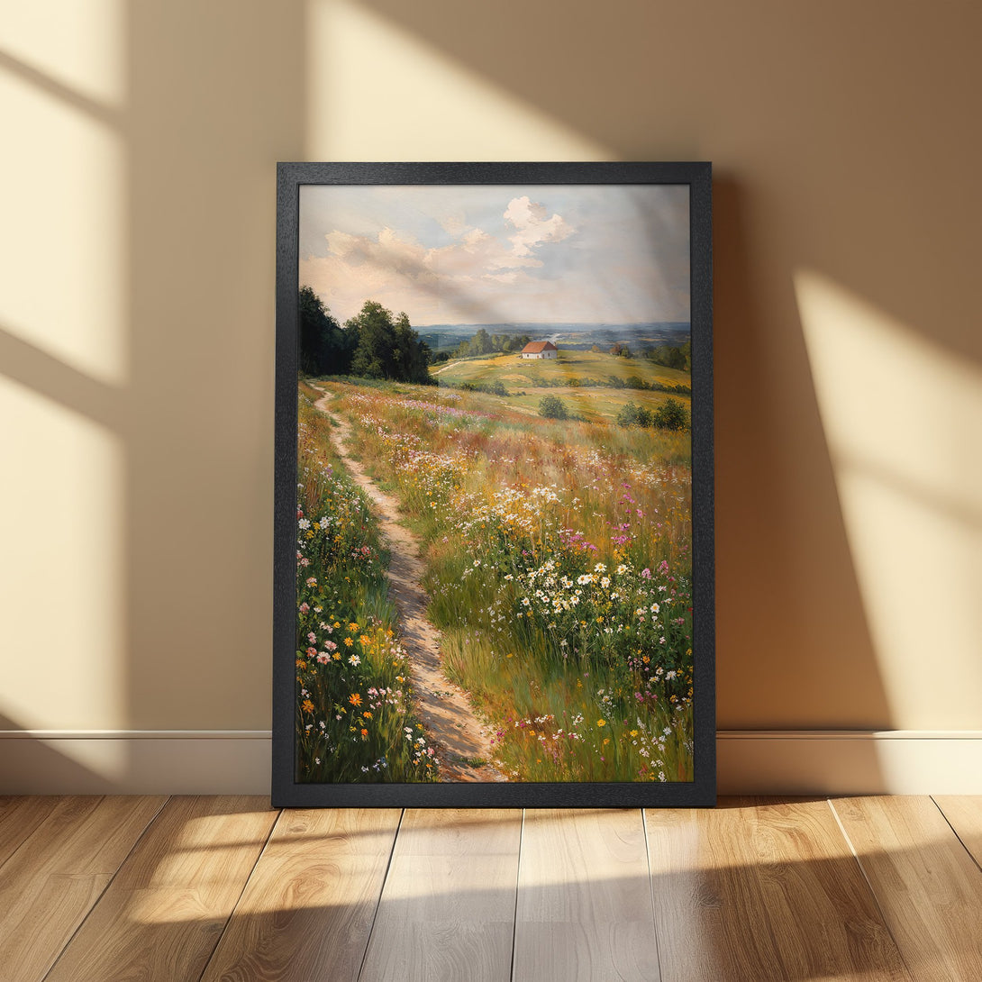 Framed Poster of a serene landscape painting with a path through wildflowers. Earthy tones and a classic art style. Perfect wall decor.