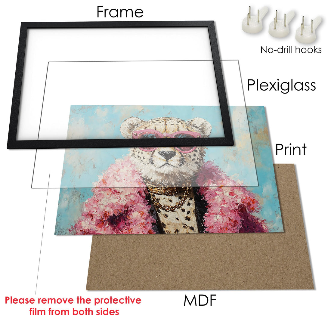 Framed Poster featuring a stylish cheetah in pink and gold, painted in a vibrant, artistic style with a blue and pink color palette.