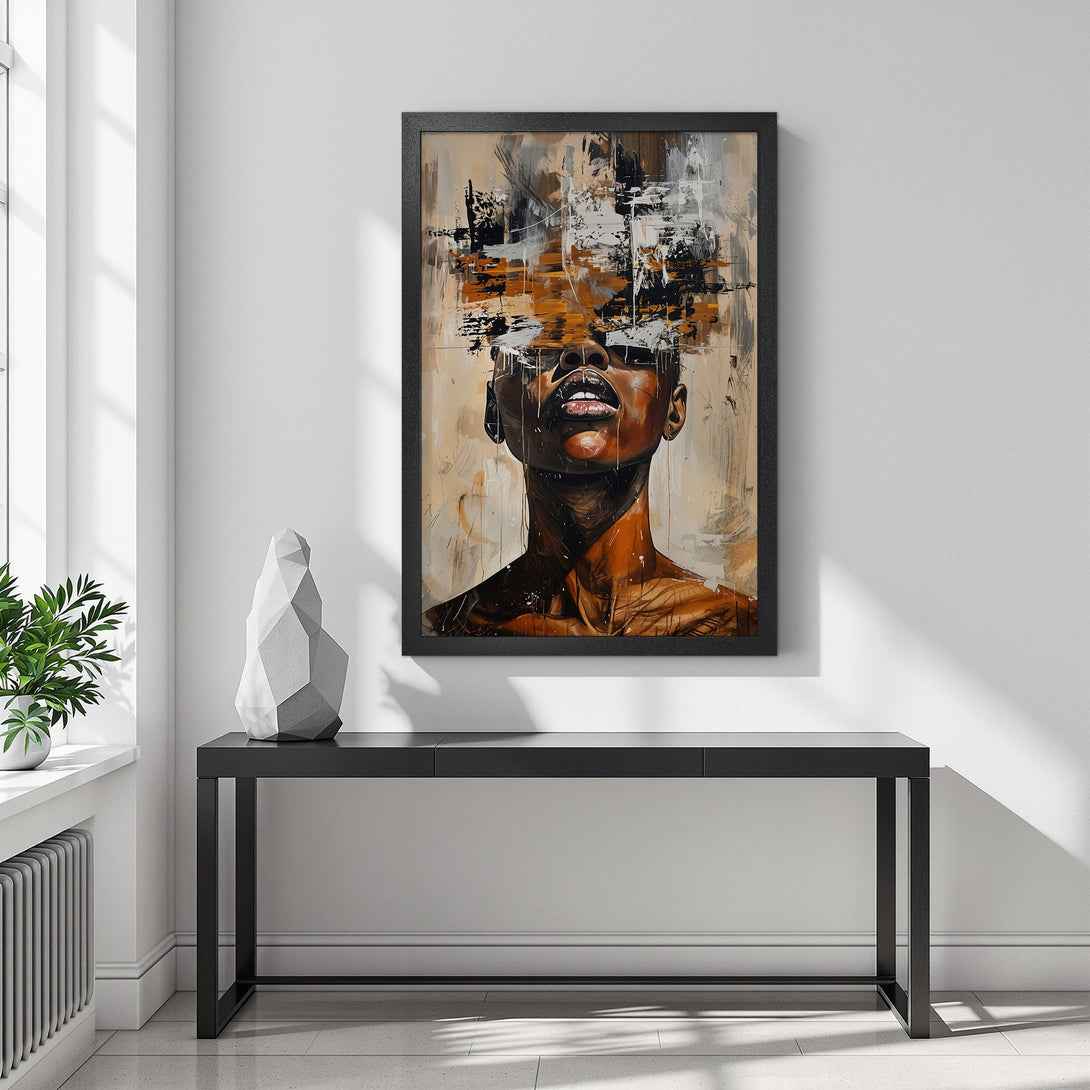 Framed Poster of a woman with abstract art style, featuring a warm color palette of browns, blacks, and whites. Perfect wall art!
