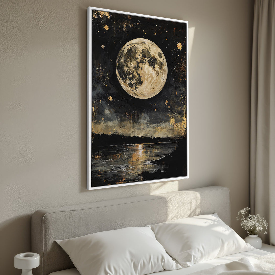 Framed Wall Art: Stunning moonlit landscape Canvas Print in black, gold, and neutral tones. Perfect bedroom decor for a touch of celestial elegance.