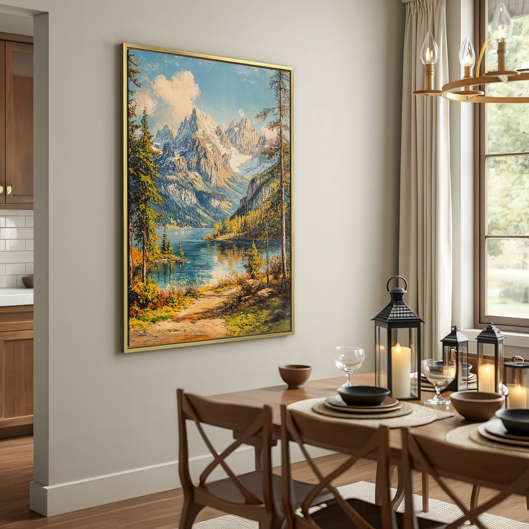 Canvas Print of a mountain lake landscape painting, featuring a serene blue, green, and gold color palette, perfect for rustic home decor.