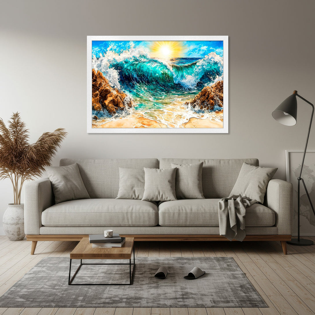 Framed Poster of a vibrant ocean wave painting. Coastal art with blue, turquoise, and yellow hues. Perfect wall decor for a serene home.