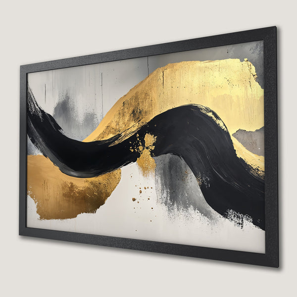 Framed Poster: Abstract art with gold, black, and gray brushstrokes. Modern wall decor in a minimalist style. Enhance your space with this art print.
