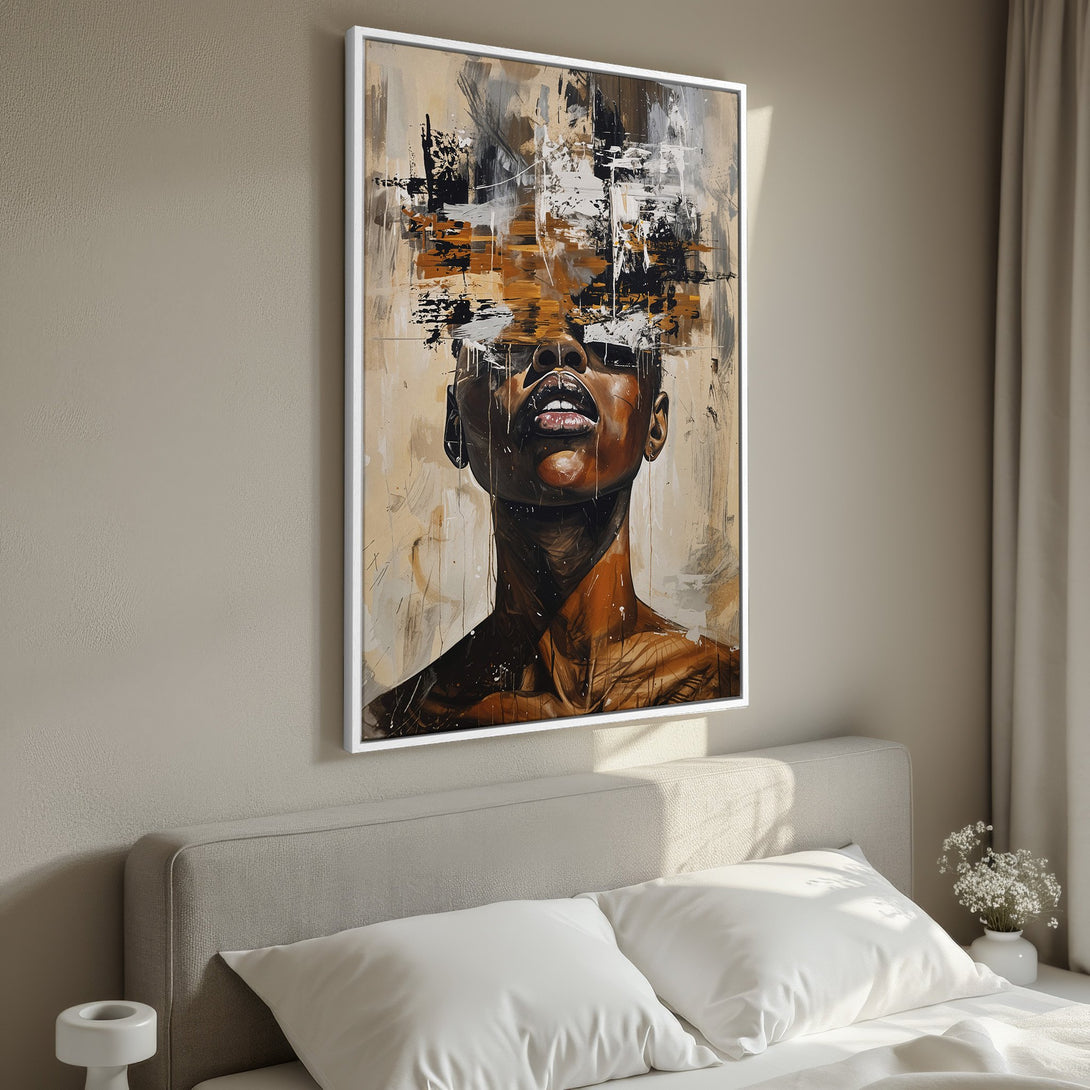 Framed Wall Art: Abstract portrait canvas print in warm tones, perfect for bedroom decor. Features a striking black woman with a neutral color palette.
