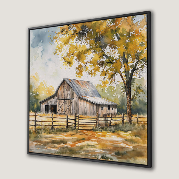 Framed Wall Art: Watercolor barn scene in autumn colors. Rustic landscape Canvas Print with warm yellows, browns, and greens. Perfect farmhouse decor.