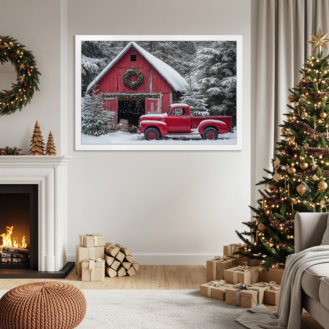 Framed Poster of a red truck in winter. Rustic style, featuring a snowy scene with red, white, and green color palette. Perfect Christmas decor!